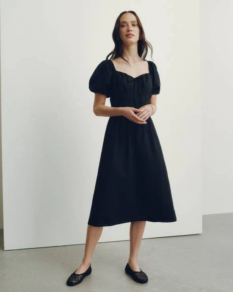 Short-Bubble-Sleeve Midi Dress with Sweetheart Neckline