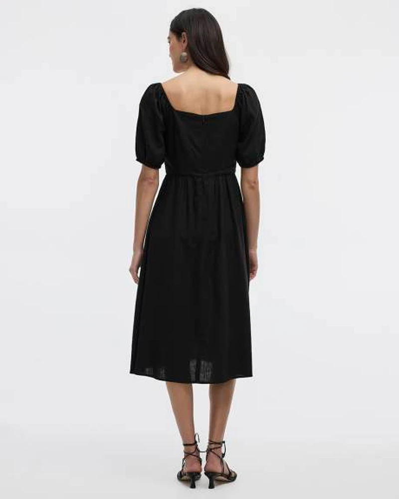 Short-Bubble-Sleeve Midi Dress with Sweetheart Neckline