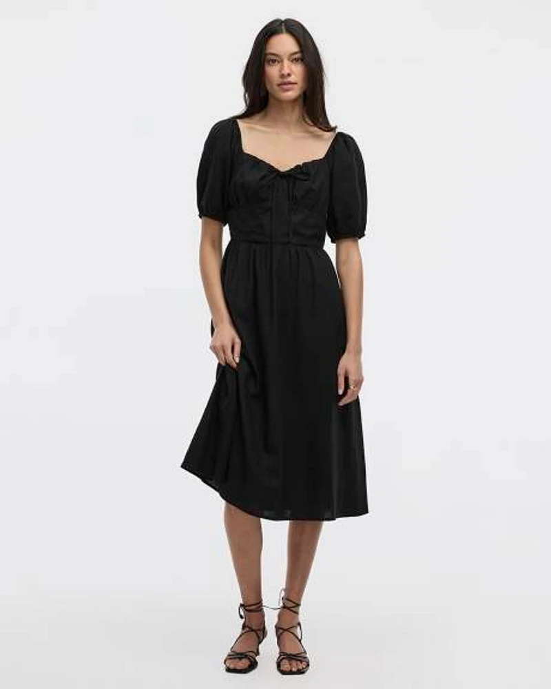 Short-Bubble-Sleeve Midi Dress with Sweetheart Neckline