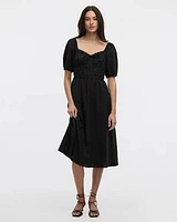 Short-Bubble-Sleeve Midi Dress with Sweetheart Neckline