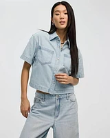 Short-Sleeve Buttoned-Down Denim Blouse