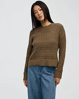 Long-Sleeve Crew-Neck Open-Stitch Pullover