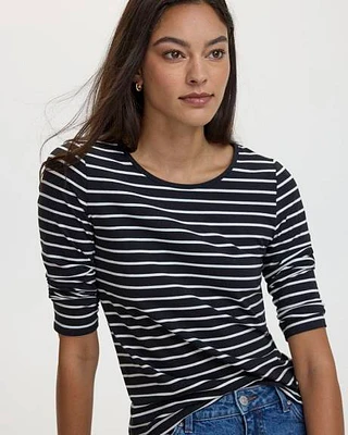 Striped 3/4-Sleeve Scoop-Neck Cotton Tee