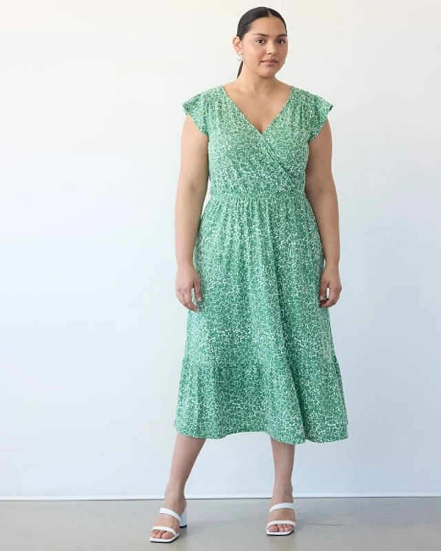 Short-Sleeve Tiered Midi Dress with Wrap Neckline