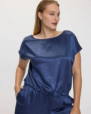 Short-Sleeve Boat-Neck Satin Top with Drawstring