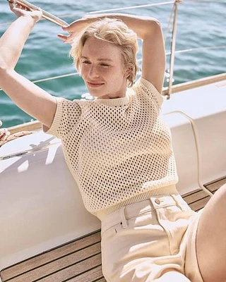 Short-Sleeve Crew-Neck Open-Stitch Pullover