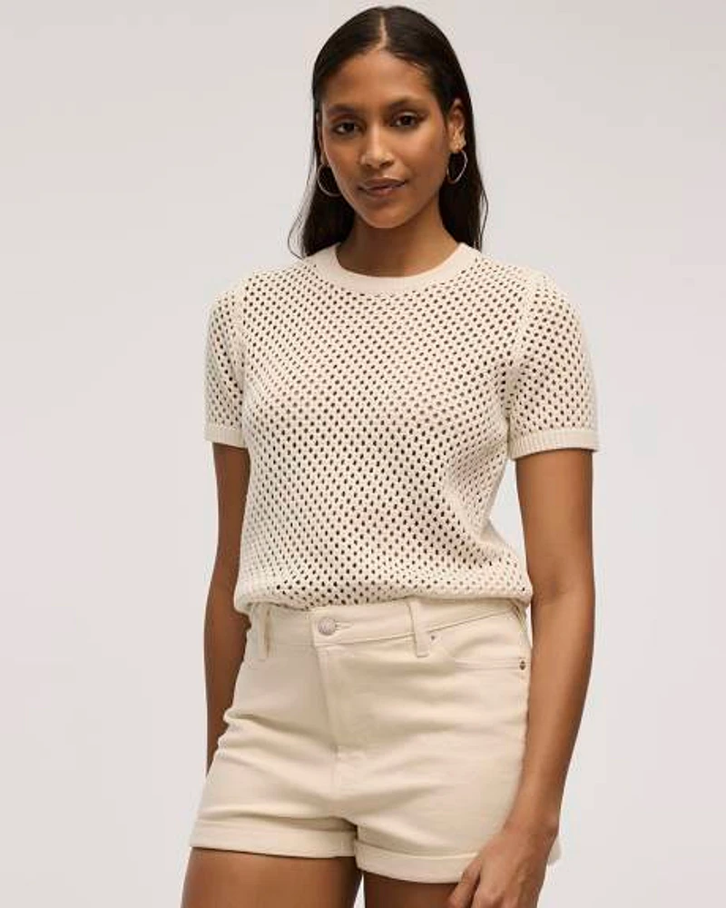 Short-Sleeve Crew-Neck Open-Stitch Pullover