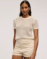 Short-Sleeve Crew-Neck Open-Stitch Pullover