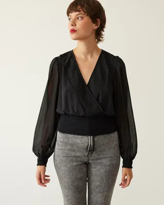 Long-Sleeve Wrap Blouse with V Neckline