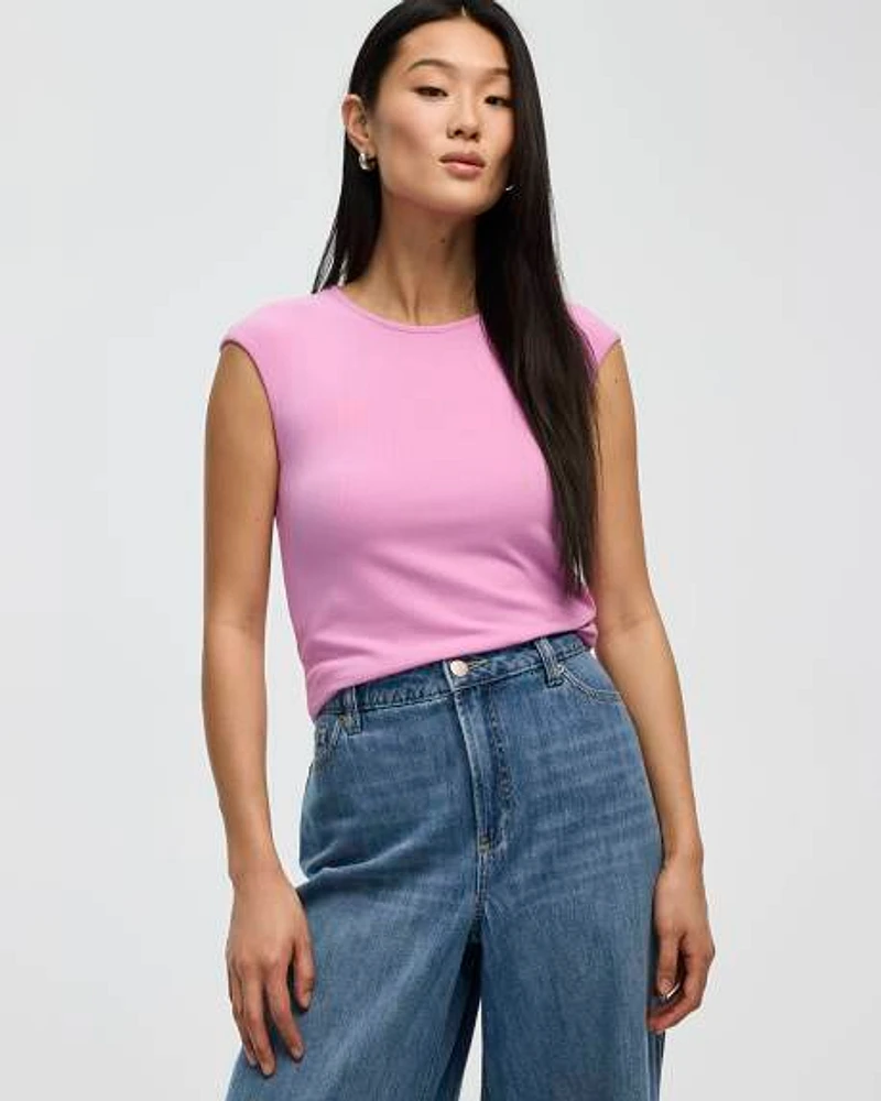 Extended-Sleeve Crew-Neck Ribbed Top