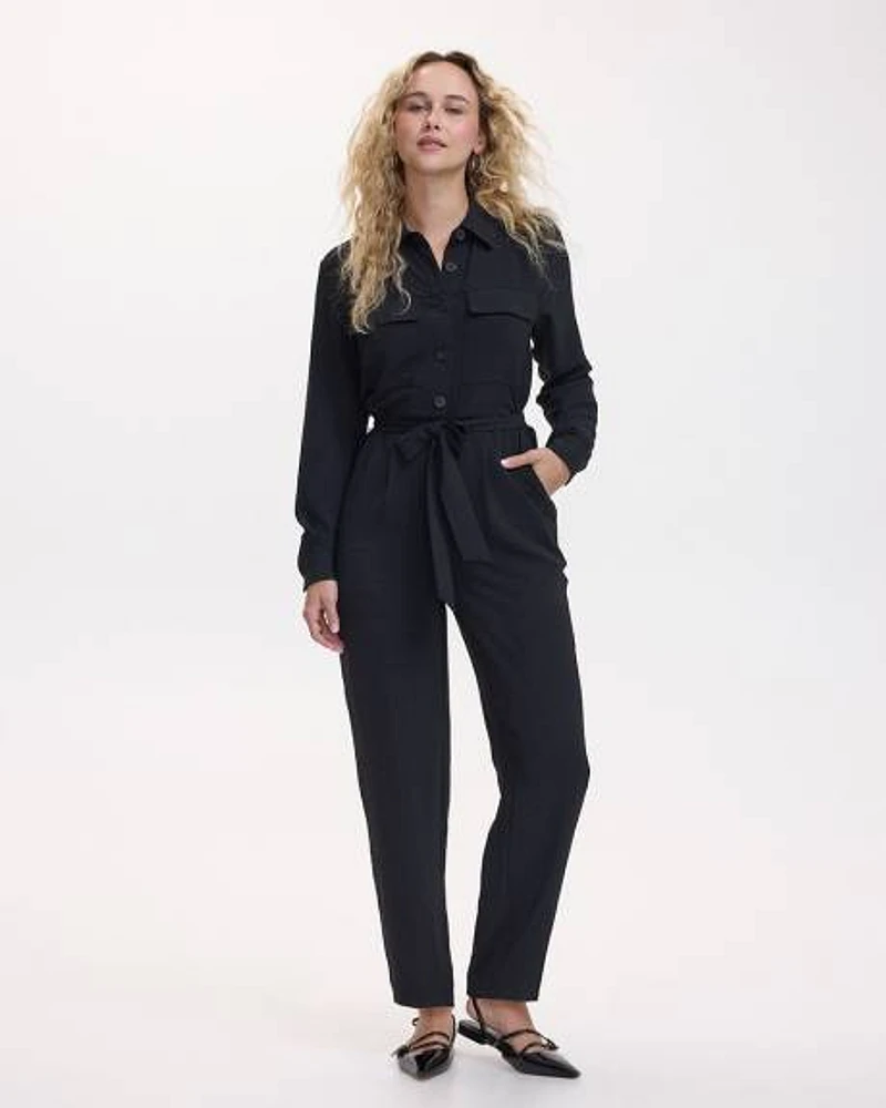 Straight-Leg Long-Sleeve Jumpsuit with Utility Pockets