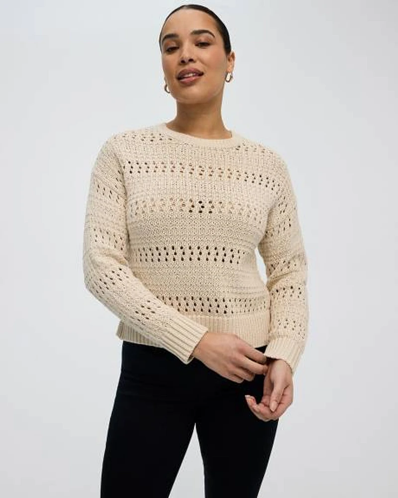 Long-Sleeve Crew-Neck Open-Stitch Pullover