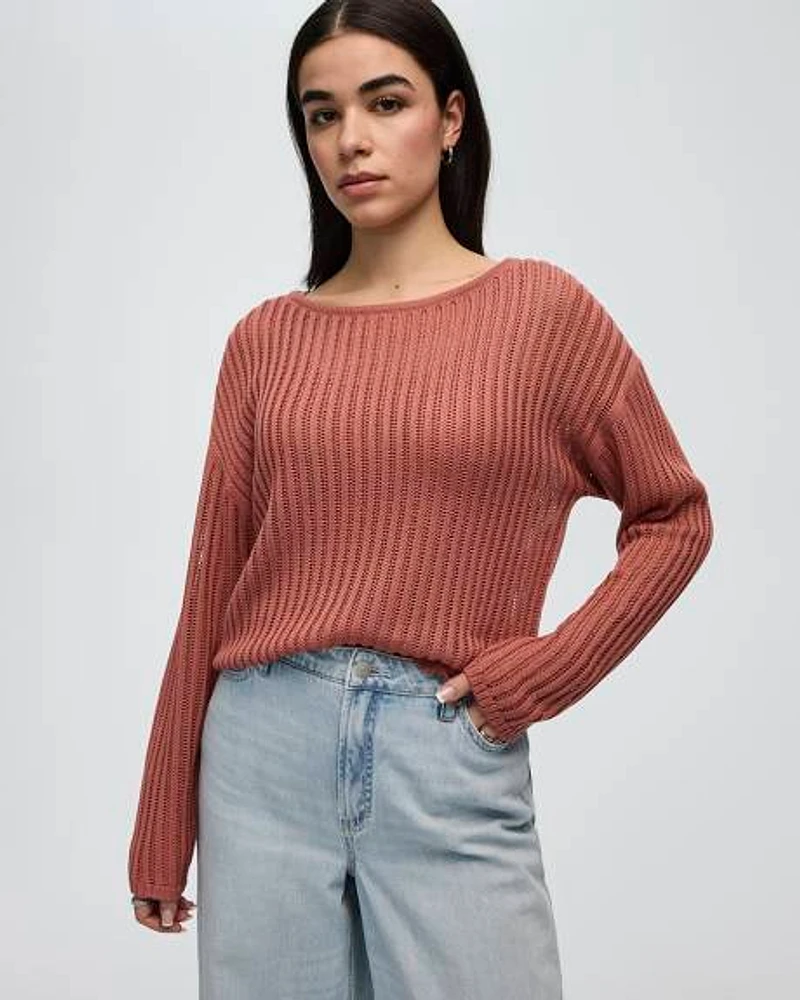 Long-Sleeve Boat-Neck Open-Stitch Pullover