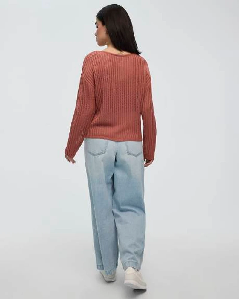 Long-Sleeve Boat-Neck Open-Stitch Pullover