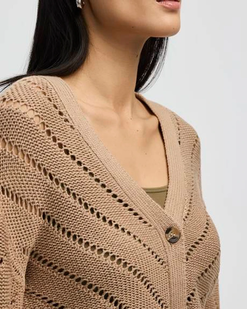 Long-Sleeve V-Neck Cardigan with Pointelle Stitches