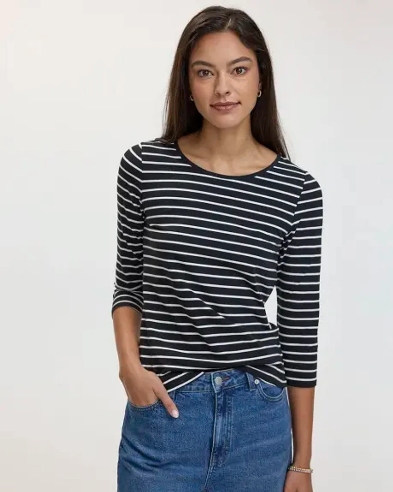 Striped 3/4-Sleeve Scoop-Neck Cotton Tee