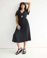 Short-Flutter-Sleeve Midi Dress with Front Cut-Out