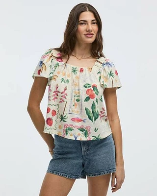 Blouse à col carré et manches courtes volants