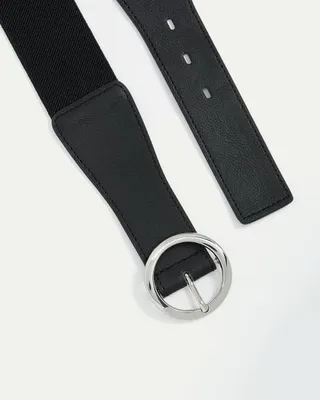 Stretch Faux Leather Belt with Round Buckle