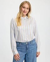 Striped Long-Sleeve Buttoned-Down Blouse with Chest Pocket