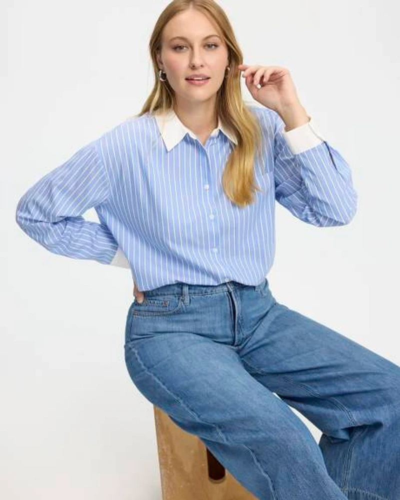 Striped Long-Sleeve Buttoned-Down Blouse with Chest Pocket