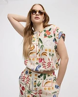 Extended-Sleeve Crew-Neck Buttoned-Down Blouse