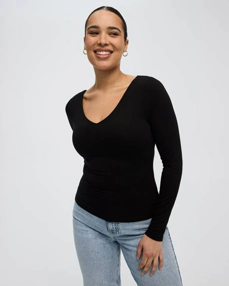 Long-Sleeve Top with V Neckline at Front and Back