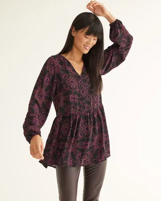 3/4-Sleeve V-Neck Tunic with Tiered Hem
