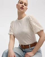 Crew-Neck Mix-Media T-Shirt with Elbow Puffy Sleeves