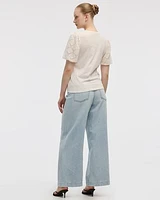 Crew-Neck Mix-Media T-Shirt with Elbow Puffy Sleeves