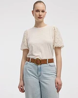 Crew-Neck Mix-Media T-Shirt with Elbow Puffy Sleeves