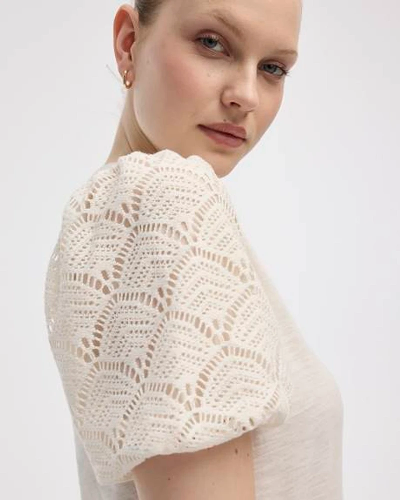 Crew-Neck Mix-Media T-Shirt with Elbow Puffy Sleeves