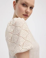 Crew-Neck Mix-Media T-Shirt with Elbow Puffy Sleeves