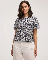 Cropped Short-Balloon-Sleeve Crew-Neck Top