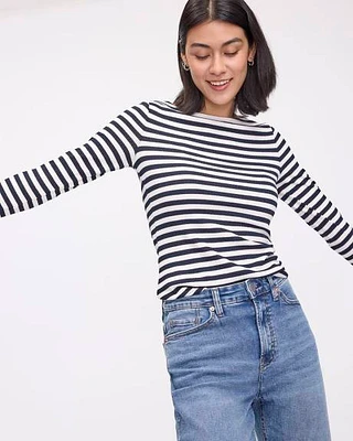 Striped Long-Sleeve Boat-Neck Ribbed Top