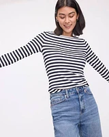 Striped Long-Sleeve Boat-Neck Ribbed Top