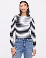 Striped Long-Sleeve Boat-Neck Ribbed Top