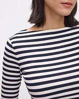 Striped Long-Sleeve Boat-Neck Ribbed Top