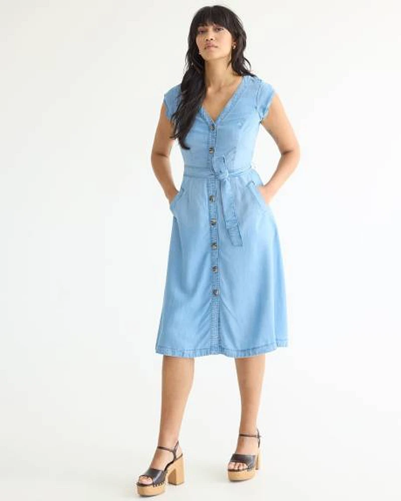 Cap-Sleeve Fit-and-Flare Tencel Midi Dress