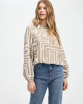 Long-Volume-Sleeve Crew-Neck Blouse