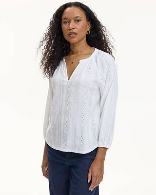 3/4-Sleeve Eyelet Blouse with Split neckline