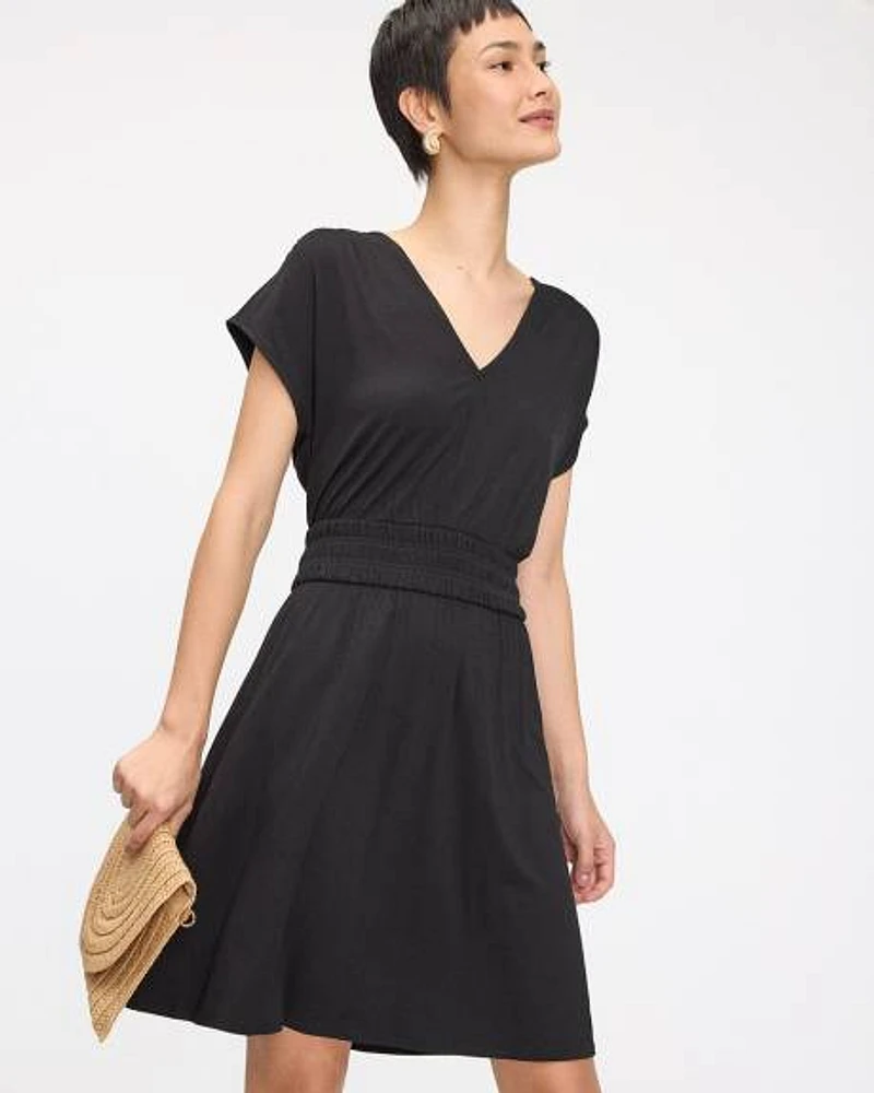 Short-Sleeve V-Neck Dress with Elastic Waistband