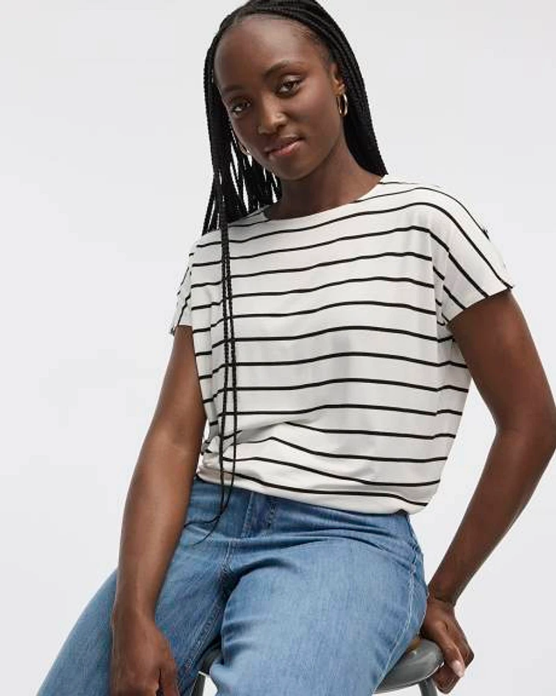 Striped Short-Dolman-Sleeve Boat-Neck T-Shirt