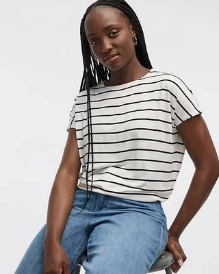 Striped Short-Dolman-Sleeve Boat-Neck T-Shirt