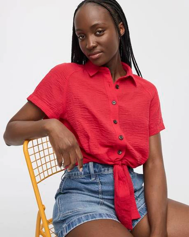 Short-Sleeve Shirt with Self-Tie Hem