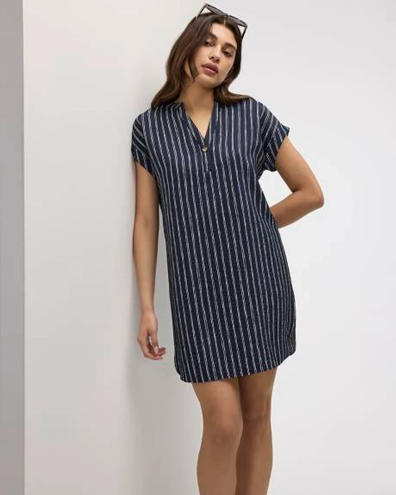 Extended-Sleeve Shift Dress with Split Neckline