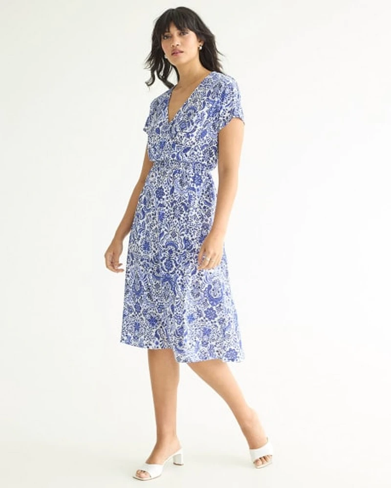 Short-Sleeve Midi Dress with Wrap Neckline