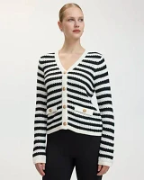 Long-Sleeve V-Neck Buttoned-Down Striped Cardigan