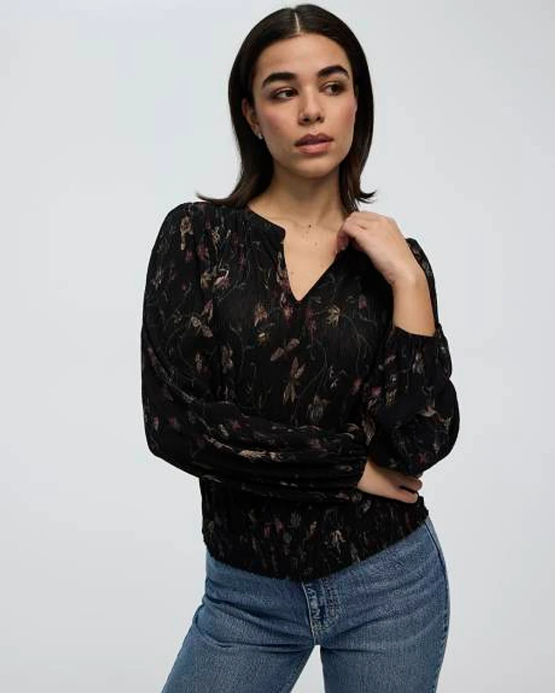 Crinkle-Knit Split-Neck Top