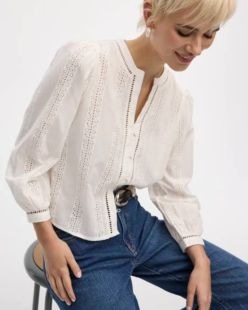 Puffy-Sleeve Split-Neck Blouse with Eyelet Trims